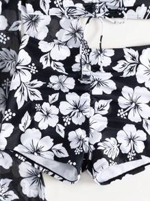 SHEIN Swim Lushore 女士夏季服装夏季海滩花卉印花比基尼套装和服 - 黑與白 - 查看 5