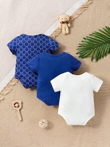 SHEIN Bodysuits Em bé Nút Hoạt hình Hình học - Xanh và trắng - Xem 2