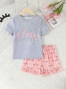 Tween Girl Letter Graphic Tee & Striped Ruffle Trim Shorts PJ Set - Multicolor - View 1