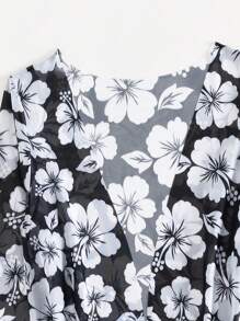 SHEIN Swim Lushore 女士夏季服装夏季海滩花卉印花比基尼套装和服 - 黑與白 - 查看 6