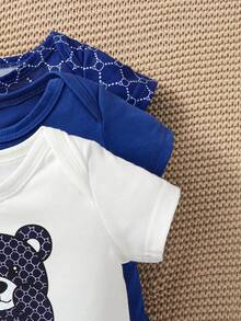 SHEIN Bodysuits Em bé Nút Hoạt hình Hình học - Xanh và trắng - Xem 4