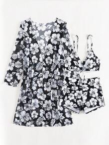 SHEIN Swim Lushore 女士夏季服装夏季海滩花卉印花比基尼套装和服 - 黑與白 - 查看 8
