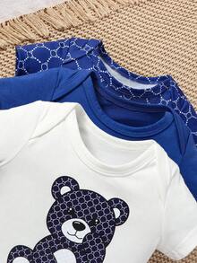 SHEIN Bodysuits Em bé Nút Hoạt hình Hình học - Xanh và trắng - Xem 5