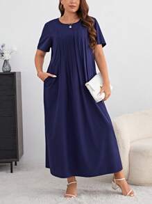 SHEIN LUNE Plus Solid Hidden Pocket Dress - Navy Blue - View 1
