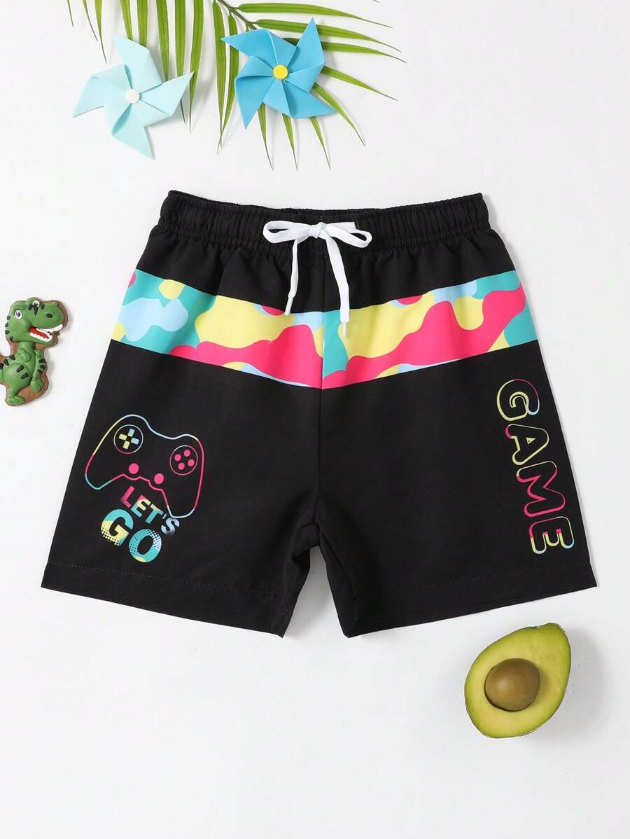 Toddler Boys Gamepad Print Drawstring Waist Swim Shorts - Black - View 1