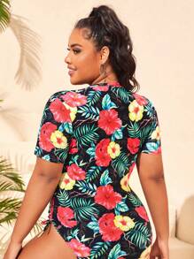 SHEIN Swim Curve Bañador una pieza con estampado tropical con cremallera delantera - Multicolor - Ver 2