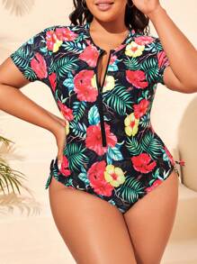 SHEIN Swim Curve Bañador una pieza con estampado tropical con cremallera delantera - Multicolor - Ver 1