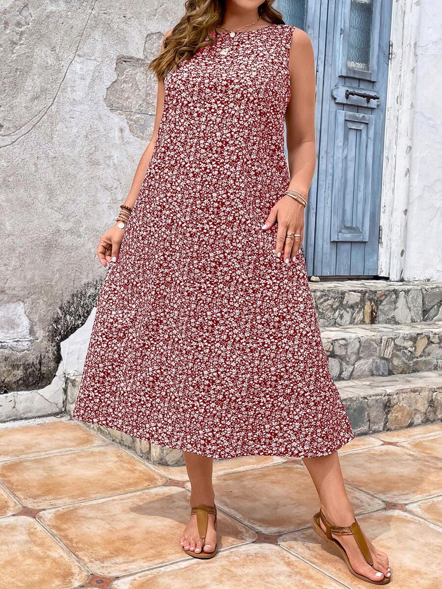 SHEIN VCAY Plus Ditsy Floral Print Dress - Red - View 1