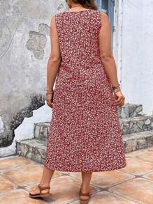 SHEIN VCAY Plus Ditsy Floral Print Dress - Red - View 2