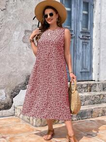 SHEIN VCAY Plus Ditsy Floral Print Dress - Red - View 3