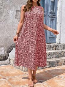 SHEIN VCAY Plus Ditsy Floral Print Dress - Red - View 4