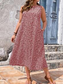 SHEIN VCAY Plus Ditsy Floral Print Dress - Red - View 6