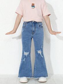 Young Girl Ripped Raw Cut Flare Leg Jeans - Medium Wash - View 1