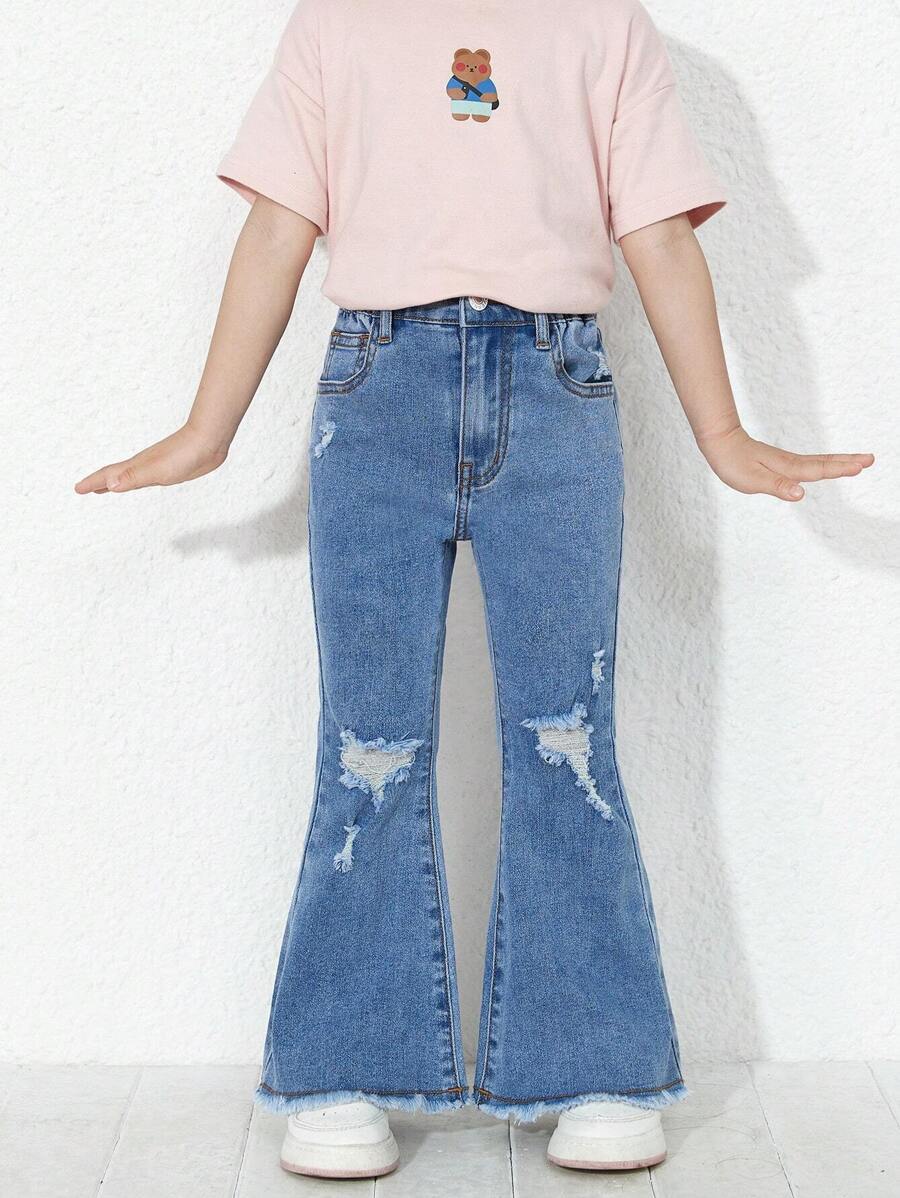 Young Girl Ripped Raw Cut Flare Leg Jeans - Medium Wash - View 1