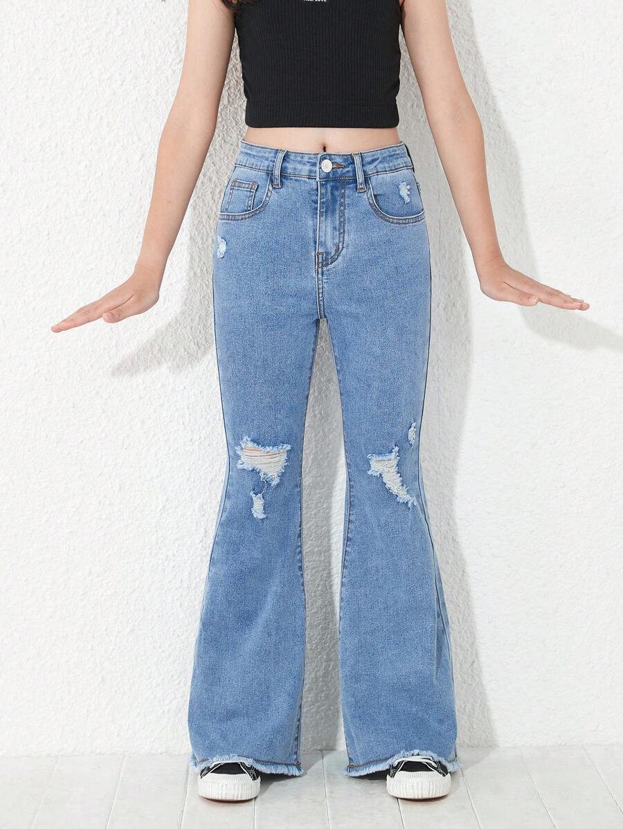 女孩破洞毛邊牛仔喇叭褲 - 中等水洗藍 - 查看 1