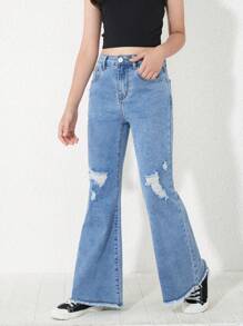 女孩破洞毛邊牛仔喇叭褲 - 中等水洗藍 - 查看 4