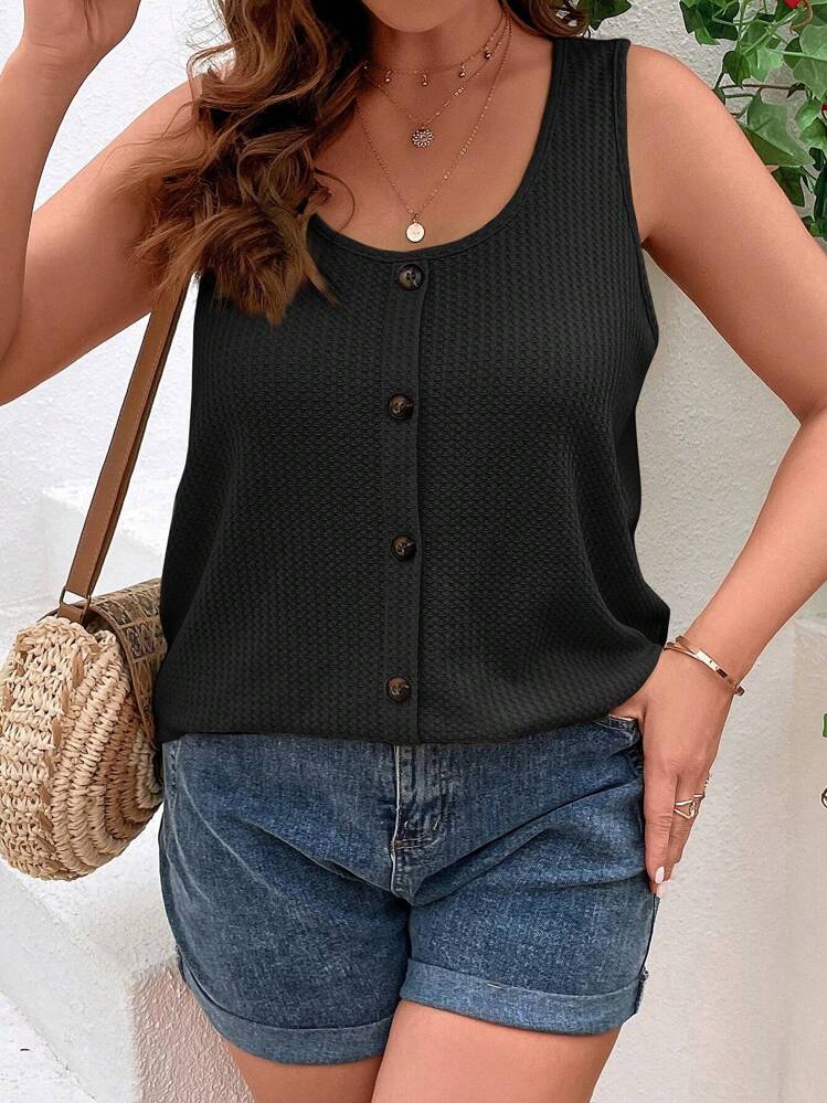 SHEIN VCAY Plus Waffle Knit Button Front Tank Top - Black - View 3