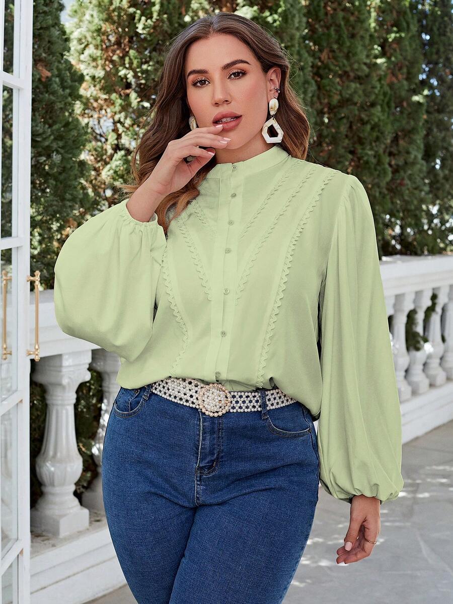Simplee Plus Guipure Lace Insert Lantern Sleeve Blouse - Green - View 1