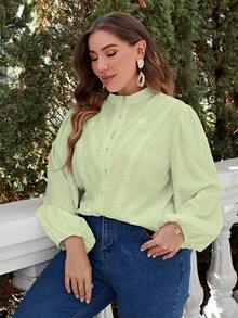 Simplee Plus Guipure Lace Insert Lantern Sleeve Blouse - Green - View 5