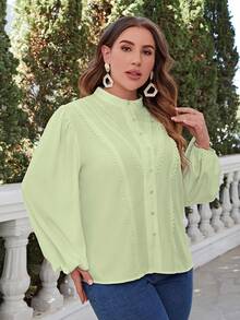 Simplee Plus Guipure Lace Insert Lantern Sleeve Blouse - Green - View 6