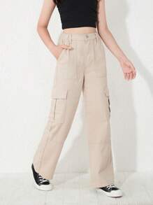 Cô gái Tween Túi nắp bên cạnh Quần jean chở hàng - Màu Khaki - Xem 3