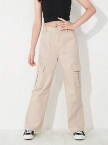 Cô gái Tween Túi nắp bên cạnh Quần jean chở hàng - Màu Khaki - Xem 4