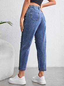 SHEIN Maternity Ripped Mom Fit Jeans - Dark Wash - View 2