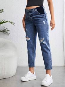 SHEIN Maternity Ripped Mom Fit Jeans - Dark Wash - View 3