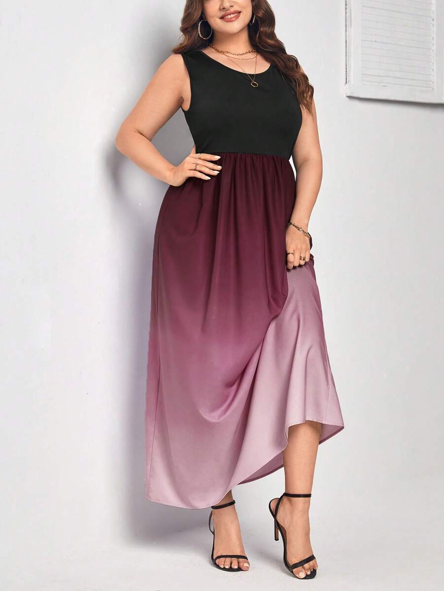 SHEIN Clasi 大碼漸變圖案A字連衣裙 - 酒紅色 - 查看 1