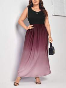 SHEIN Clasi 大碼漸變圖案A字連衣裙 - 酒紅色 - 查看 3