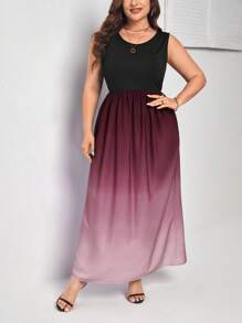 SHEIN Clasi 大碼漸變圖案A字連衣裙 - 酒紅色 - 查看 5