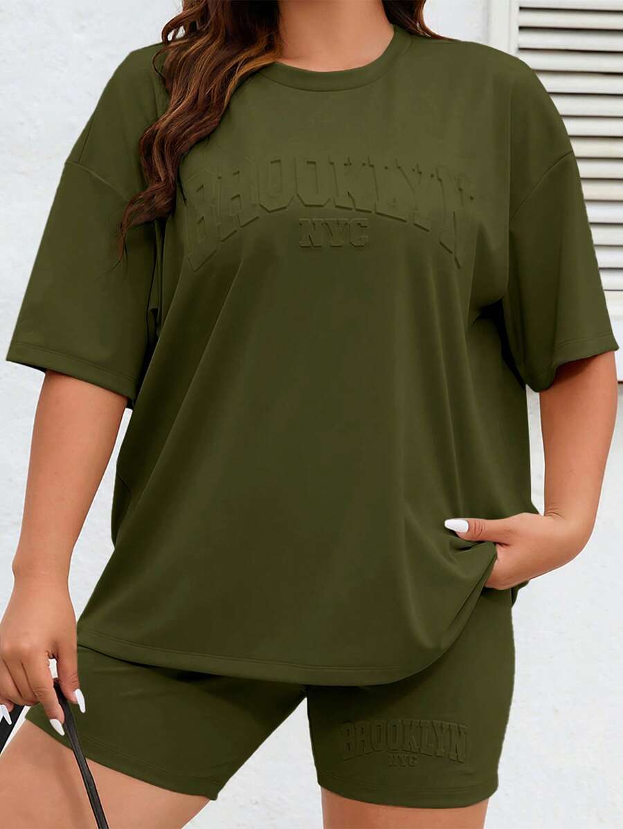 SHEIN Essnce 大碼字母壓紋落肩T恤和騎行褲 - 軍綠色 - 查看 1