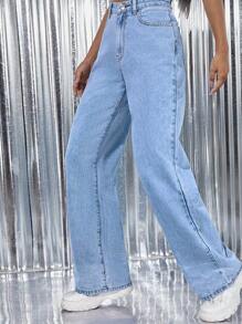 高腰直筒牛仔褲 - 淺色水洗藍 - 查看 5