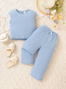 SHEIN 2件套少女寬鬆度假風格背心上衣蝴蝶結腰闊腿褲夏季 - 藍色 - 查看 1