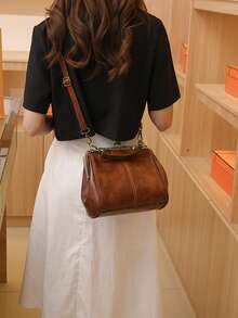 Kiss Lock Square Bag PU Brown Fashionable - Brown - View 7