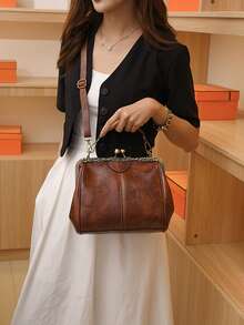 Kiss Lock Square Bag PU Brown Fashionable - Brown - View 8