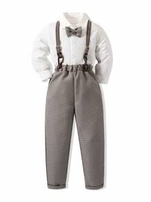 SHEIN 男小童前蝴蝶結襯衫和背帶褲