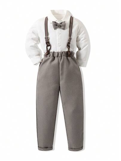 SHEIN 男小童前蝴蝶結襯衫和背帶褲