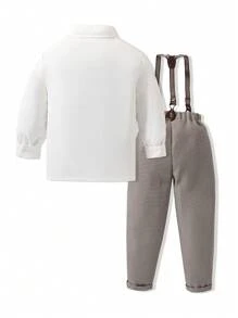 SHEIN 男小童前蝴蝶結襯衫和背帶褲