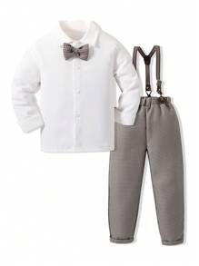 SHEIN 男小童前蝴蝶結襯衫和背帶褲