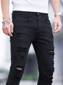 Manfinity Homme Men Cotton Ripped Frayed Skinny Jeans, Men Ripped Jeans, Black Ripped Jeans, Skinny Ripped Jeans - Black - View 5