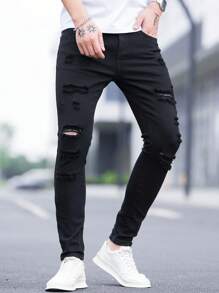 Manfinity Homme Men Cotton Ripped Frayed Skinny Jeans, Men Ripped Jeans, Black Ripped Jeans, Skinny Ripped Jeans - Black - View 6