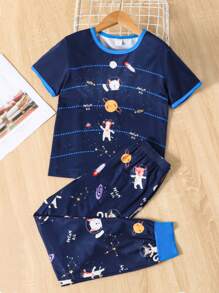Boys Planet & Astronaut Print Contrast Binding PJ Set - Navy Blue - View 1