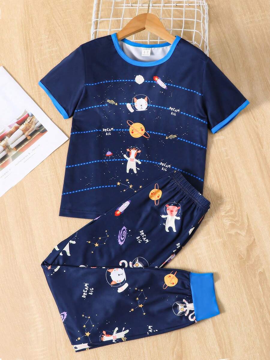Boys Planet & Astronaut Print Contrast Binding PJ Set - Navy Blue - View 1