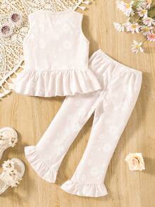 2 件套年轻女孩休闲花卉印花下摆荷叶边吊带背心上衣 + 荷叶边喇叭裤夏季 - 杏色 - 查看 2