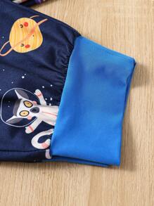 Boys Planet & Astronaut Print Contrast Binding PJ Set - Navy Blue - View 3
