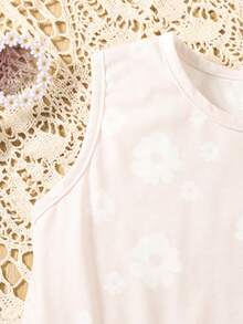 2 件套年轻女孩休闲花卉印花下摆荷叶边吊带背心上衣 + 荷叶边喇叭裤夏季 - 杏色 - 查看 4