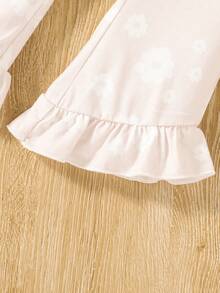 2 件套年轻女孩休闲花卉印花下摆荷叶边吊带背心上衣 + 荷叶边喇叭裤夏季 - 杏色 - 查看 6