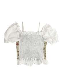 Camisa crop cordones florales ribete con fruncido - Blanco - Ver 2