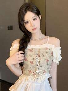 Camisa crop cordones florales ribete con fruncido - Blanco - Ver 4